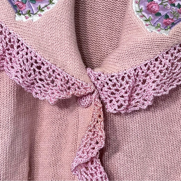 Storybook Knits pink peter pan collar embroidered fairy button front sweater 1X - Picture 5 of 8